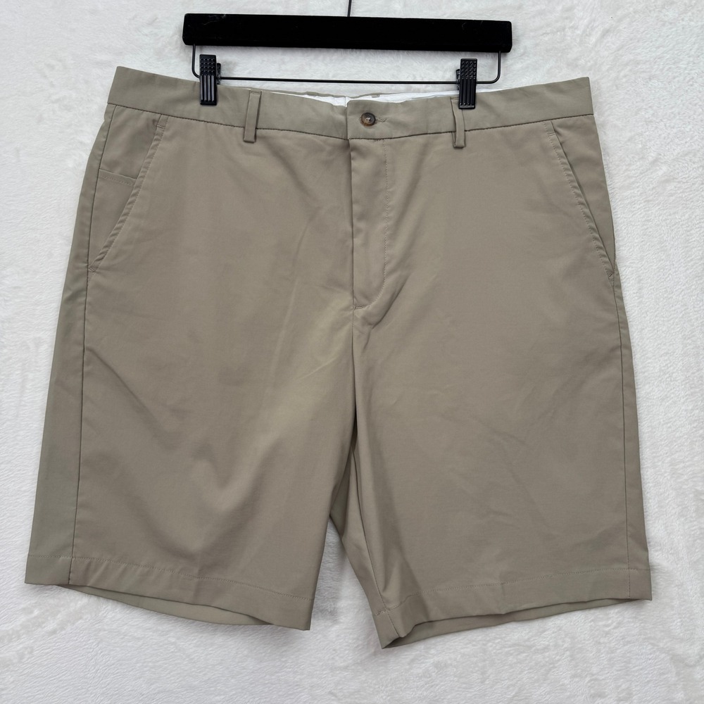 Greg Norman Shorts‎ Mens 38 Tan Golf Performance Stretch Flat Front Shark Logo